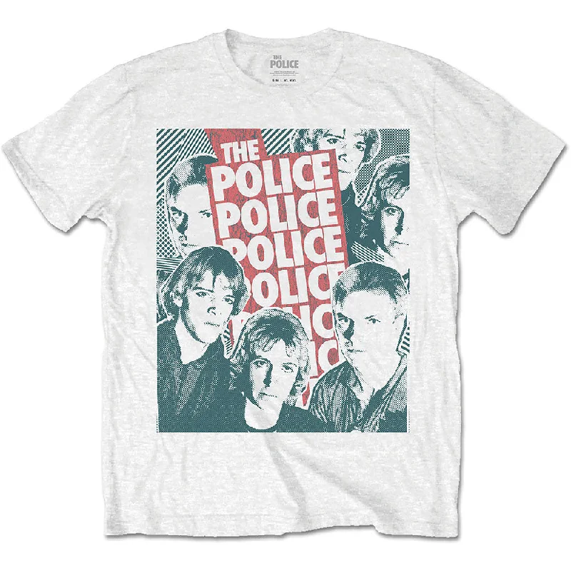 The Police | Official Band T-Shirt | Half-tone Faces Silk Blend Satin Velvet