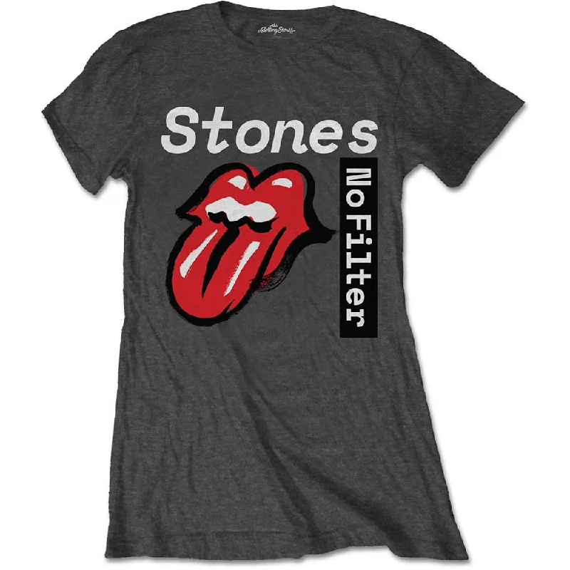 The Rolling Stones Ladies T-Shirt: No Filter Text Notch Collar Peter Pan Collar Cowl Neck