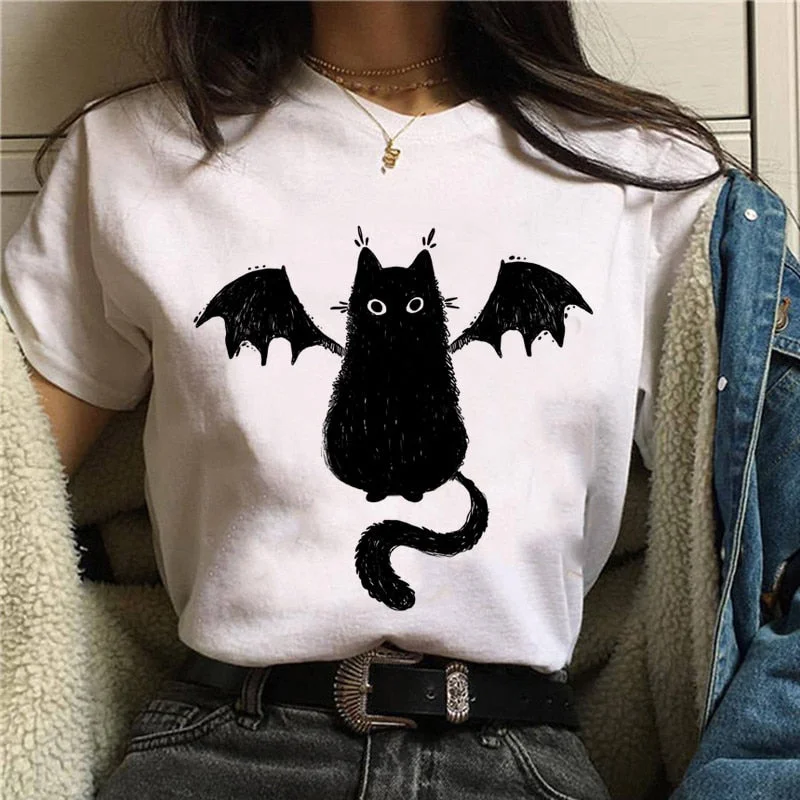 DressBetty - Women T-shirt Cartoon Cat Mushroom Halloween Print T-shirts Basic T-Shirt Crew Neck Short Sleeve DressBetty - Women T-shirt Cartoon Cat Mushroom Halloween Print T-shirts Basic T-Shirt Crew Neck Short Sleeve