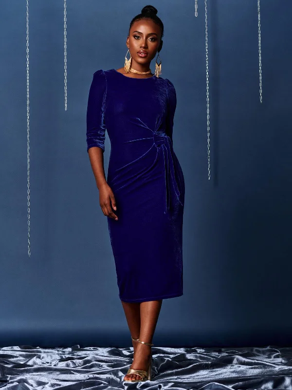 3/4 Sleeve Tie Detail Velvet Midi Dress, Royal Blue Comfortable Draped Midi Dress