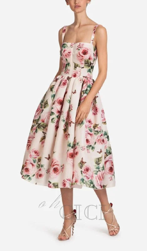 FLOWER PRINTED MIDI DRESS Trendy Off-Shoulder Button Midi Dress