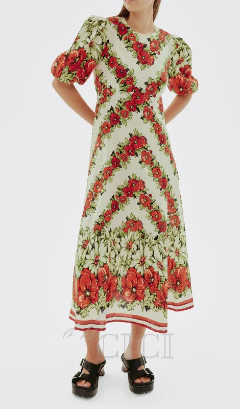 ALYSSA FLORAL PRINT MIDI DRESS IN RED Trendy Fit-and-Flare Midi Dress