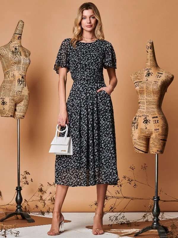 Angel Sleeve Metallic Chiffon Midi Dress, Black Ditsy Chic Floral Print Midi Dress
