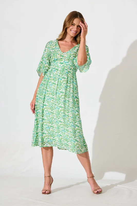 Angie Midi Dress In Green Floral Print Elegant Pleated Detail Midi Dress