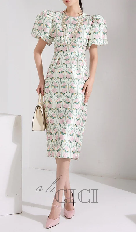 PUFF-SLEEVE FLORAL PRINTED MIDI DRESS Comfortable Draped Midi Dress