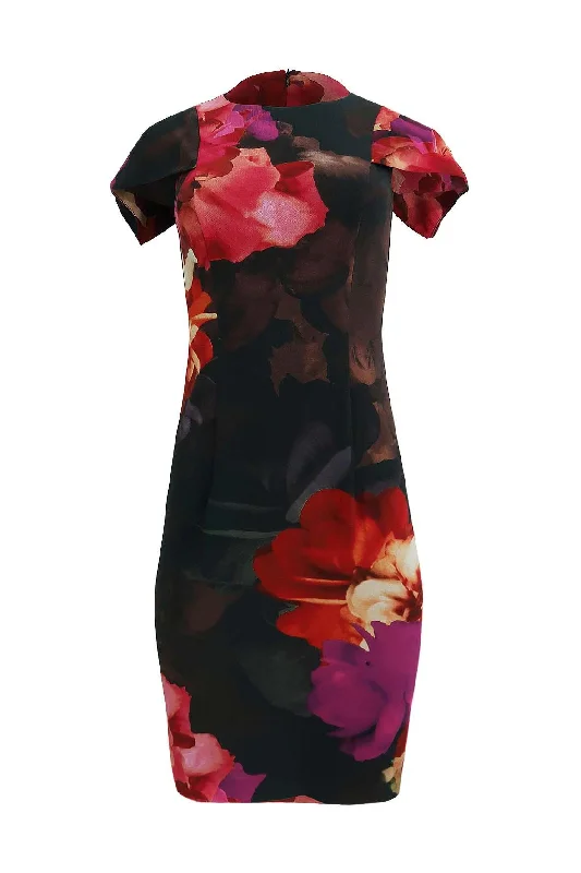 Black Midi Dress With Large Multicolour Floral Prints Comfortable Fit-and-Flare Midi Dress