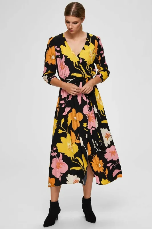 Floral Print Midi Dress Elegant Puff Sleeve Midi Dress