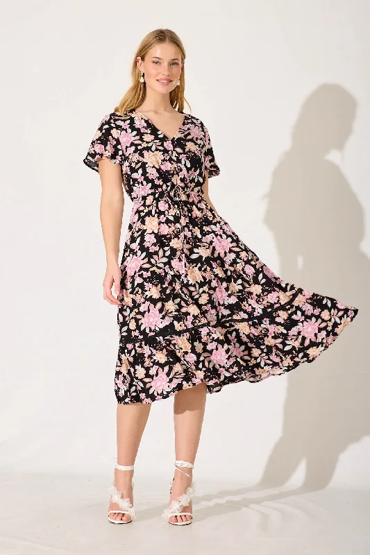 Aquarius Midi Dress Black With Blush Multi Floral Stylish Color Block Midi Dress