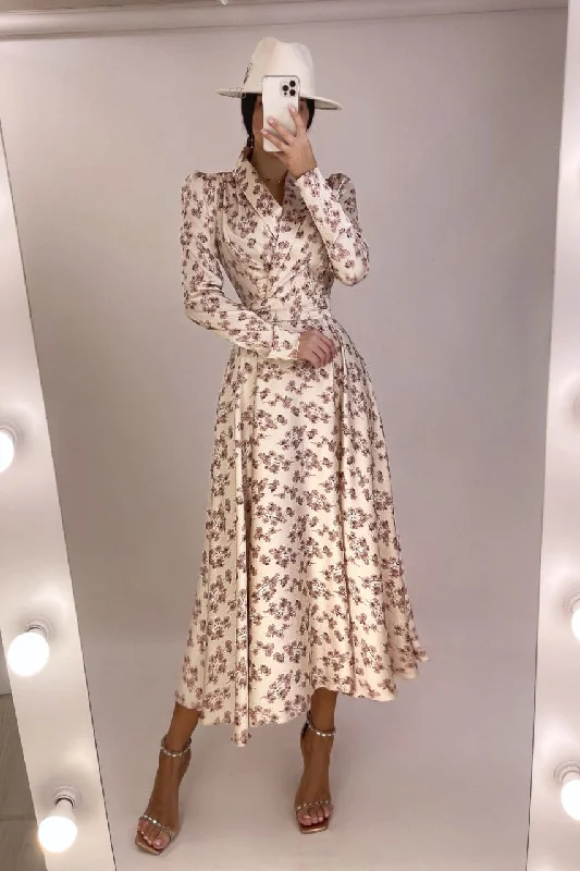 Beige Floral-Print Wrap Midi Dress Fashionable A-Line Midi Dress