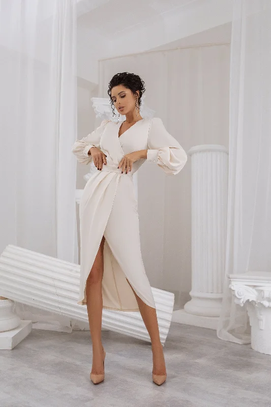 Beige Wrap Long Sleeve Midi Dress Trendy Knit Midi Dress