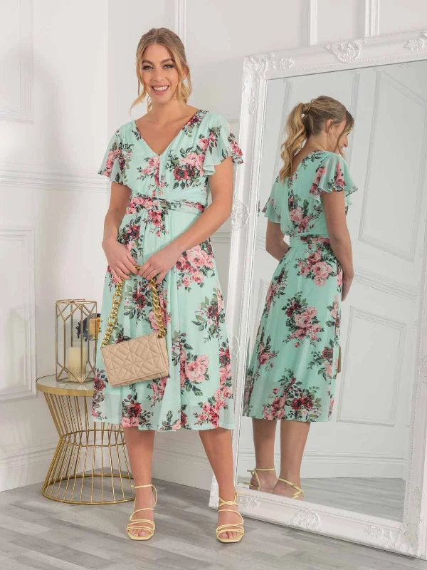 Bethany Mesh Midi Dress, Green Floral Elegant Satin Slip Midi Dress