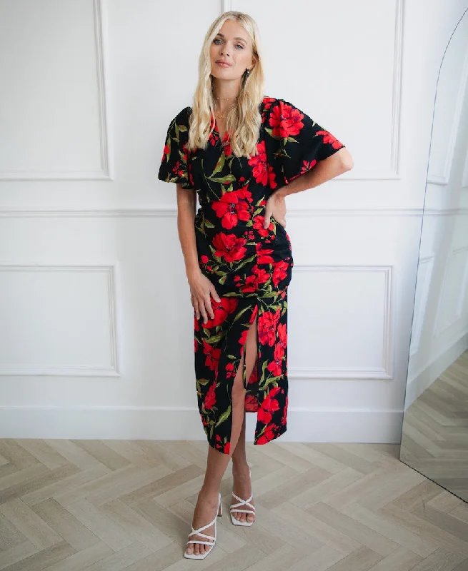 Black and Red Floral Wrap Midi Dress Comfortable Stretch Midi Dress