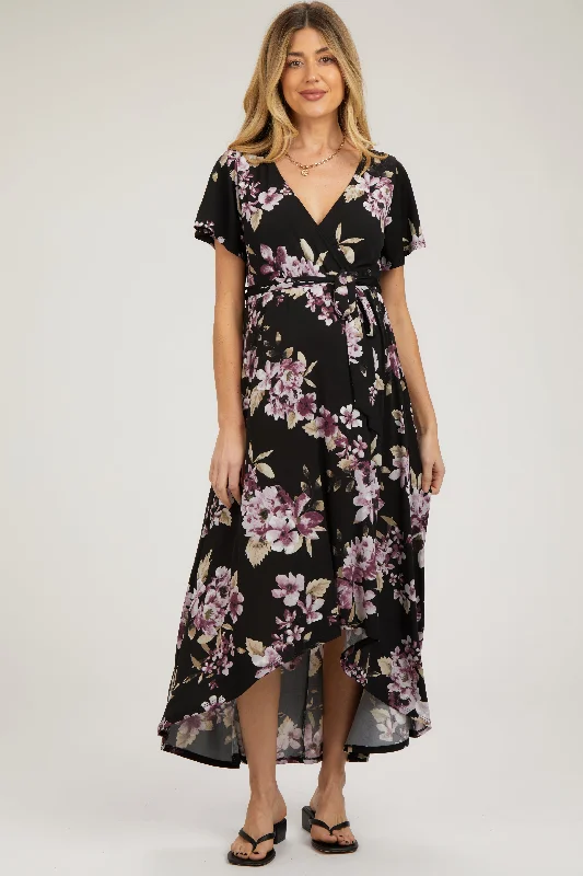 Black Floral Print Wrap Front V-Neck Hi-Low Maternity Midi Dress Comfortable Denim Midi Dress Black Floral Print Wrap Front V-Neck Hi-Low Maternity Midi Dress Comfortable Denim Midi Dress