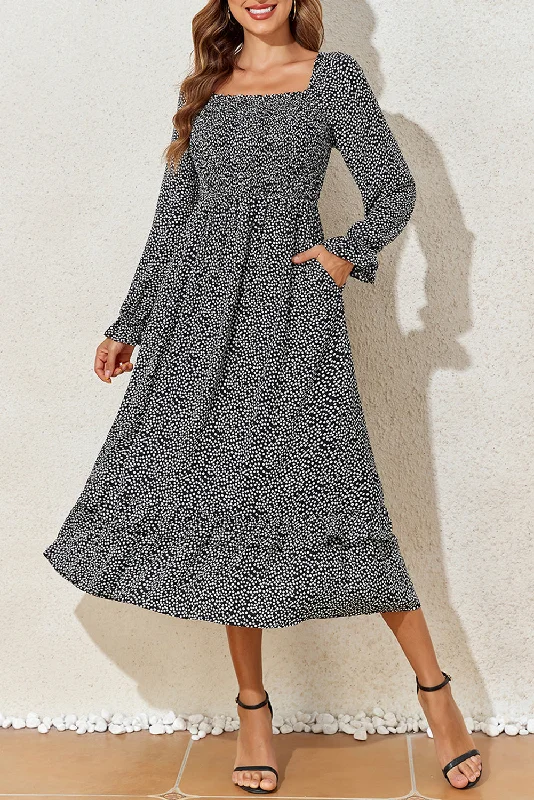 Black Floral Printed Long Sleeve Square Neck Midi Dress Fashionable High-Neck Midi Dress