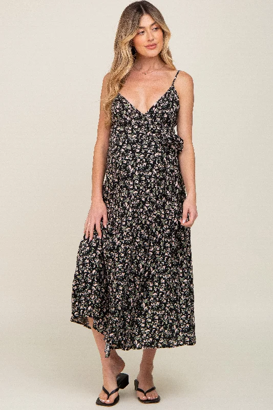 Black Floral Wrap Maternity Midi Dress Cozy A-Line Midi Dress