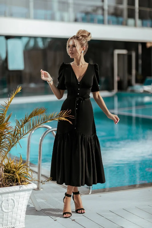 Black Puff-Sleeve Belted Midi Dress Stylish Color Block Midi Dress
