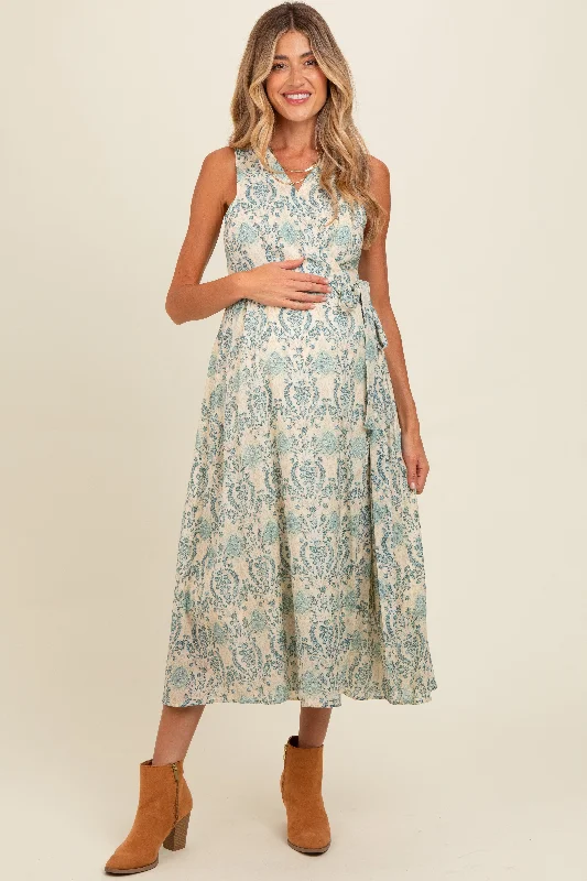 Blue Floral Damask Wrap Maternity Midi Dress Fashionable High-Neck Midi Dress
