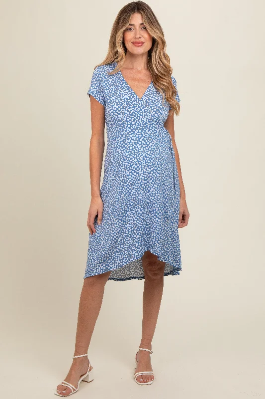 Blue Floral Wrap Maternity Midi Dress Comfortable Floral Print Midi Dress