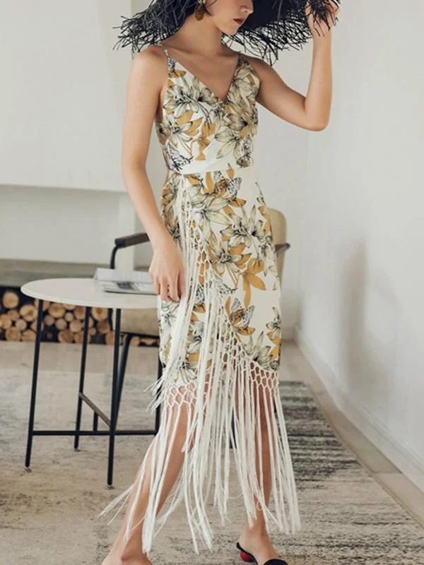 Bohemian Floral Fringe Sling Bag Hip Dress Midi Dress Stylish Cold Shoulder Midi Dress