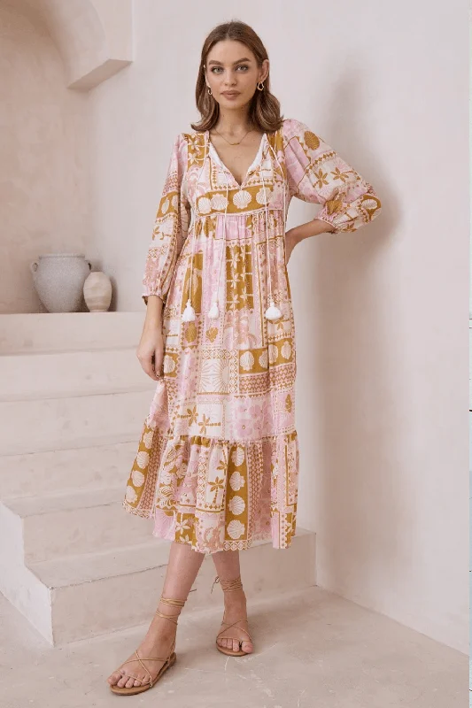 Boho Colette Midi Dress - Patchwork Beige Comfortable Geometric Print Midi Dress