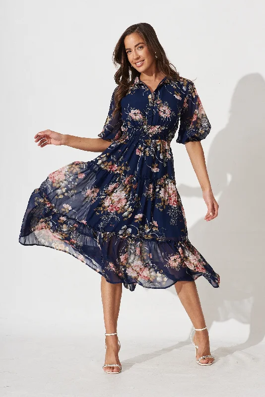 Brittney Midi Dress In Navy And Pink Floral Chiffon Cozy Midi Dress with Pockets