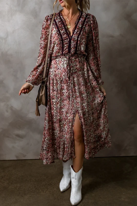 Brown Floral Print Split Front Tiered Frilled V Neck Midi Dress Elegant Floral Skirt Midi Dress