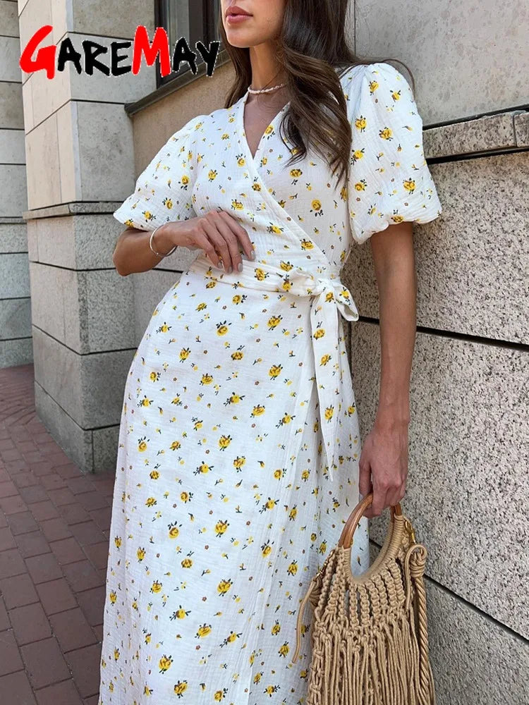 Casual Women's Summer Dresses 100% Cotton Floral Print A-line Midi Dress with Side Slits Long Elegant White Dress for Women Stylish Off-Shoulder Ruffle Dress