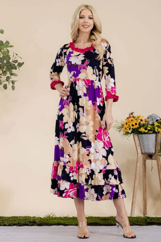 Floral Ruffled Midi Dress Fashionable Wide Leg Midi Dress