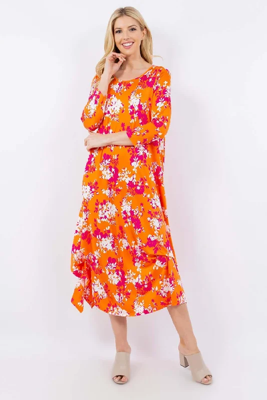 Pick-Up Hem Asymmetric Floral Midi Dress Stylish High-Waisted Midi Dress