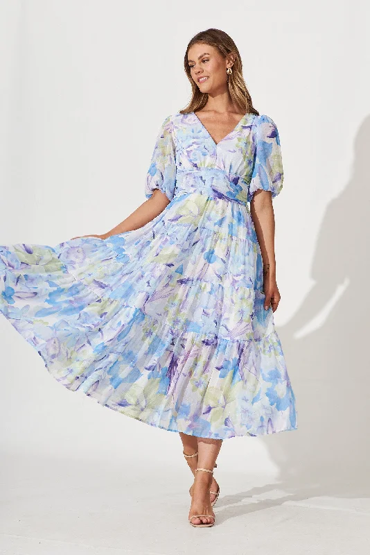 Celine Midi Dress In Blue With Green Watercolour Floral Print Stylish Off-Shoulder Ruffle Dress