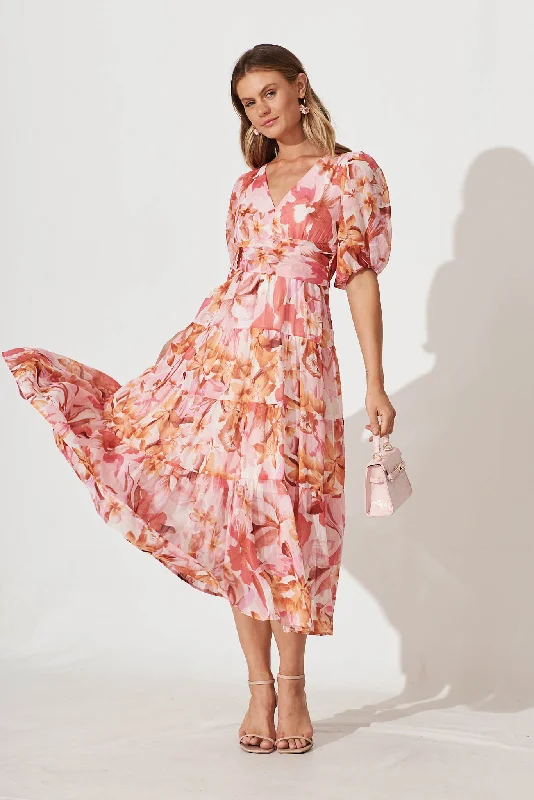 Celine Midi Dress in Pink Floral Lurex Chiffon Comfortable Lace-Up Midi Dress