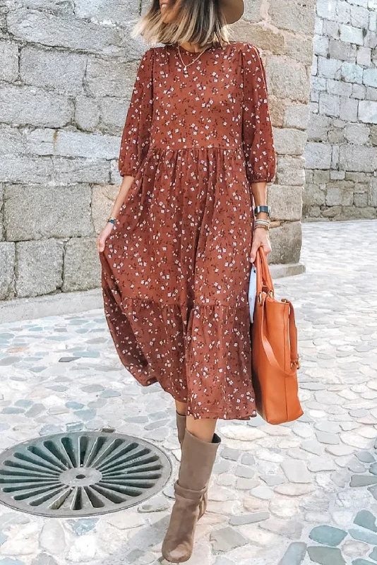 Chestnut Floral Print 3/4 Sleeve Ruffle Hem Midi Dress Comfortable Floral Print Midi Dress