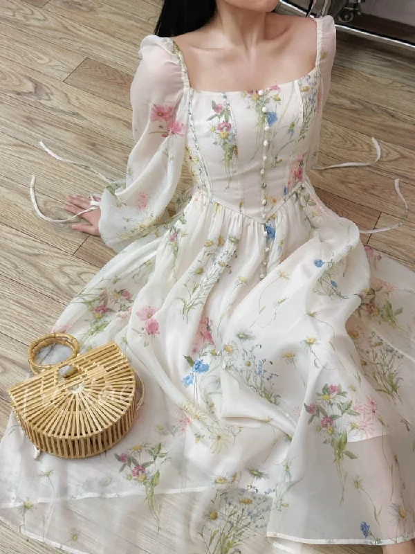 Chiffon Floral Midi Dress Office Lady Summer Elegant One Piece Dress Korean Fashion Beach Style Causal Long Sleeve Sundress Comfortable Sleeveless Midi Dress