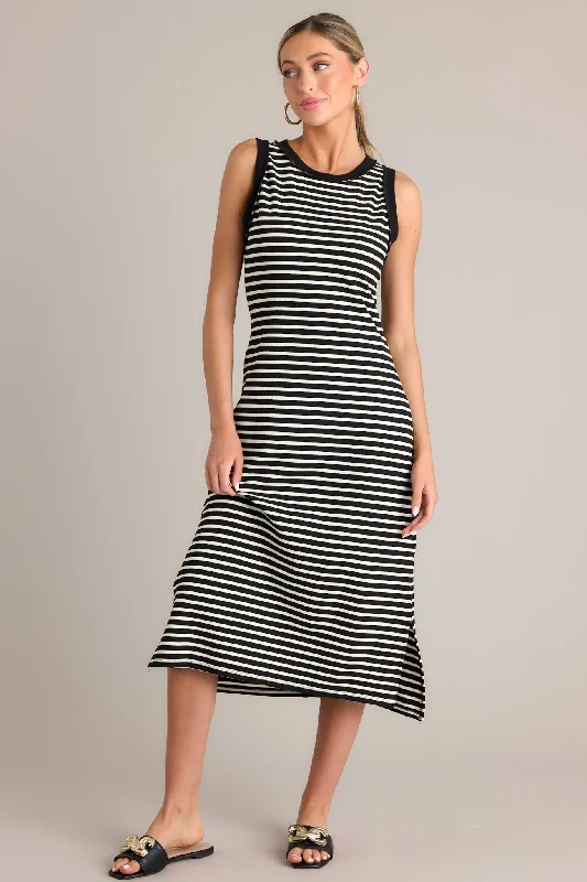 Classic Contrast Black Stripe Midi Dress Stylish Long Sleeve Floral Midi Dress