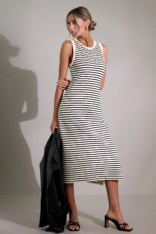 Classic Contrast Ivory Stripe Midi Dress Comfortable Wrap Midi Dress