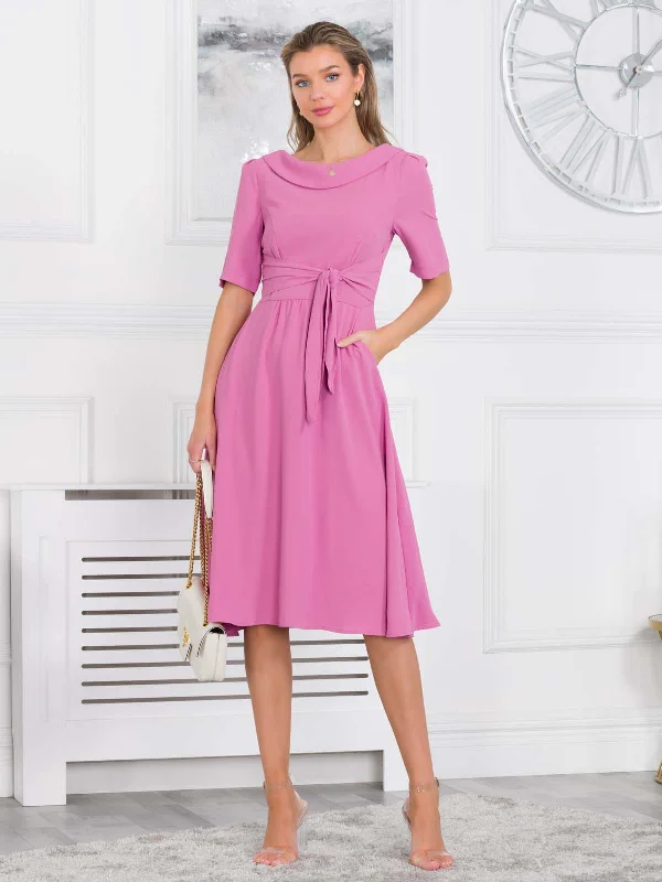 Jolie Moi Gemma Belted Midi Dress, Pink Trendy Flared Sleeve Midi Dress