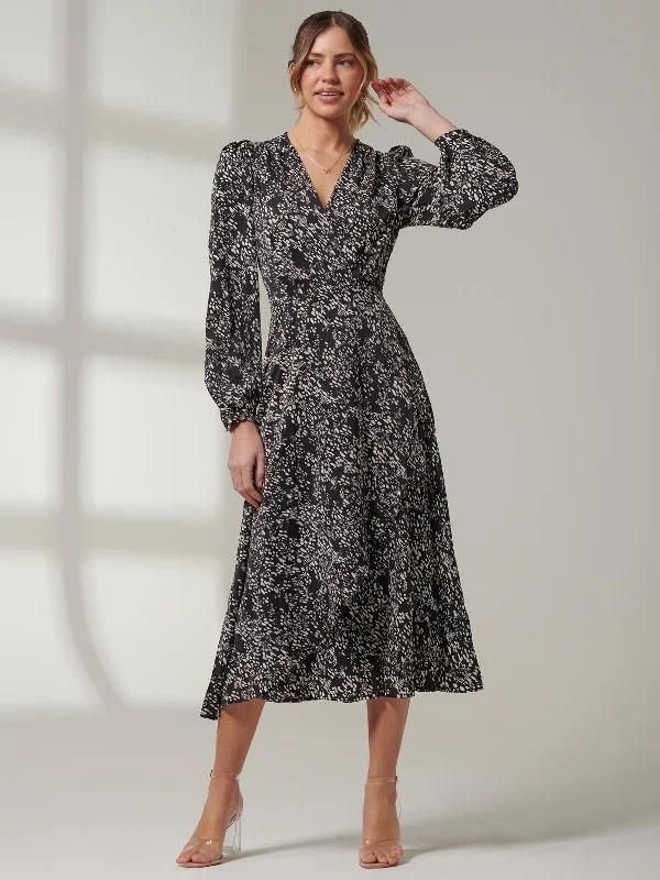 Crepe Wrap Long Sleeve Midi Dress, Black Spot Elegant Satin Slip Midi Dress