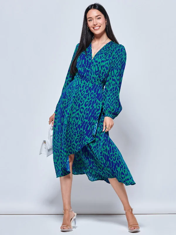 Crepe Wrap Long Sleeve Midi Dress, Green Animal Comfortable Sleeveless Midi Dress