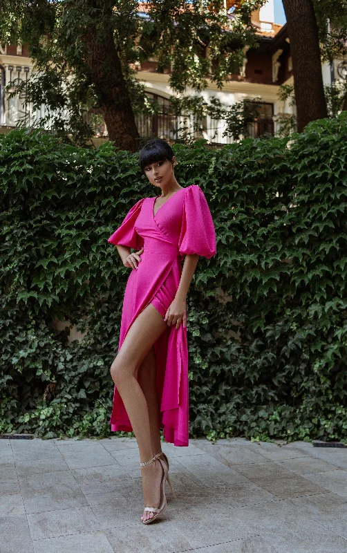 Crimson Puff-Sleeve Wrap Midi Dress Trendy A-Line Midi Dress