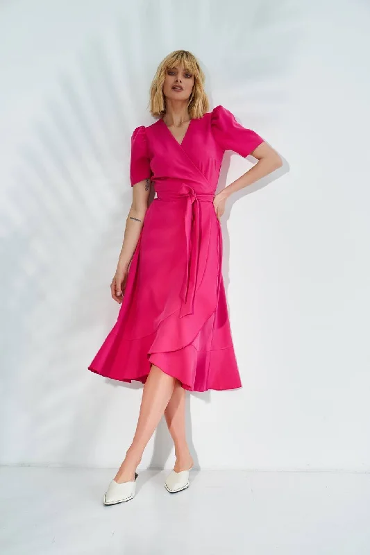 Crimson Wrap Short Sleeve Midi Dress Trendy Floral Wrap Midi Dress