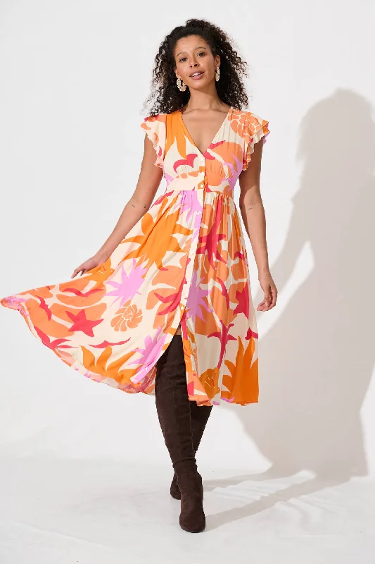 Daffodil Midi Dress In Tangerine Multi Floral Comfortable Geometric Print Midi Dress