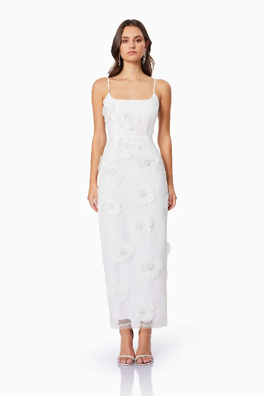 Dahlia 3D Floral Midi Dress In White Comfortable Adjustable Strap Midi Dress