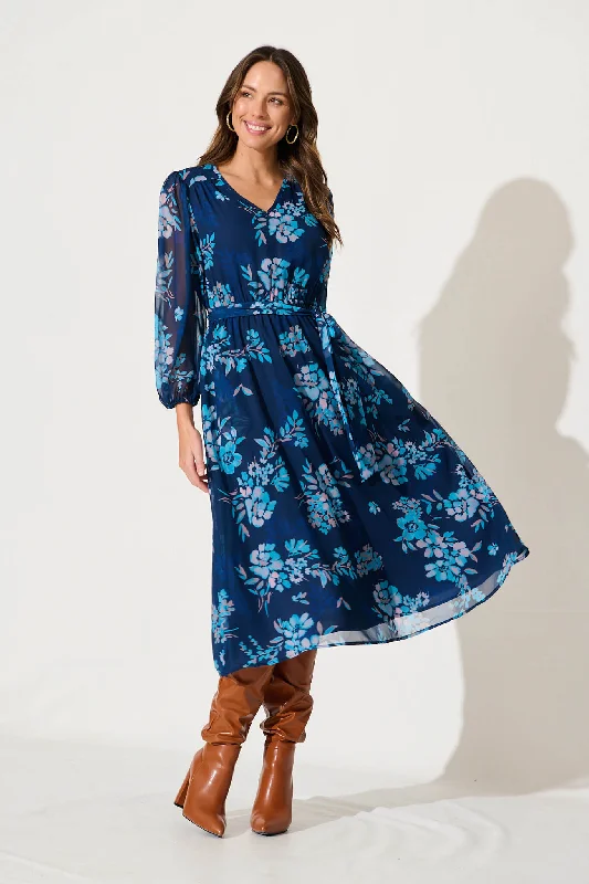 Dahlias Midi Dress In Navy With Blue Floral Chiffon Stylish Halter Neck Midi Dress