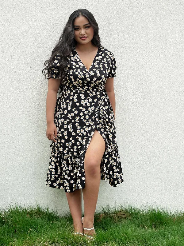 Daisy Wrap Midi Dress Comfortable Stretch Midi Dress