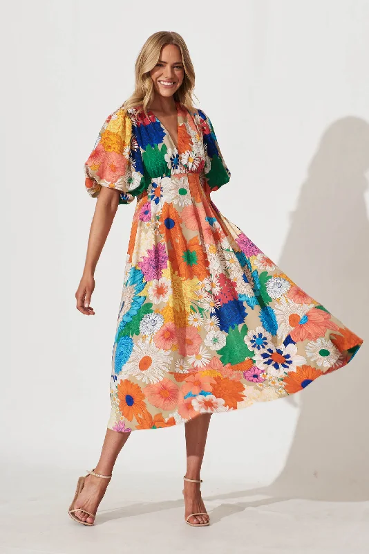 Daydreamer Midi Dress In Bright Multi Floral Elegant Floral Appliqué Midi Dress