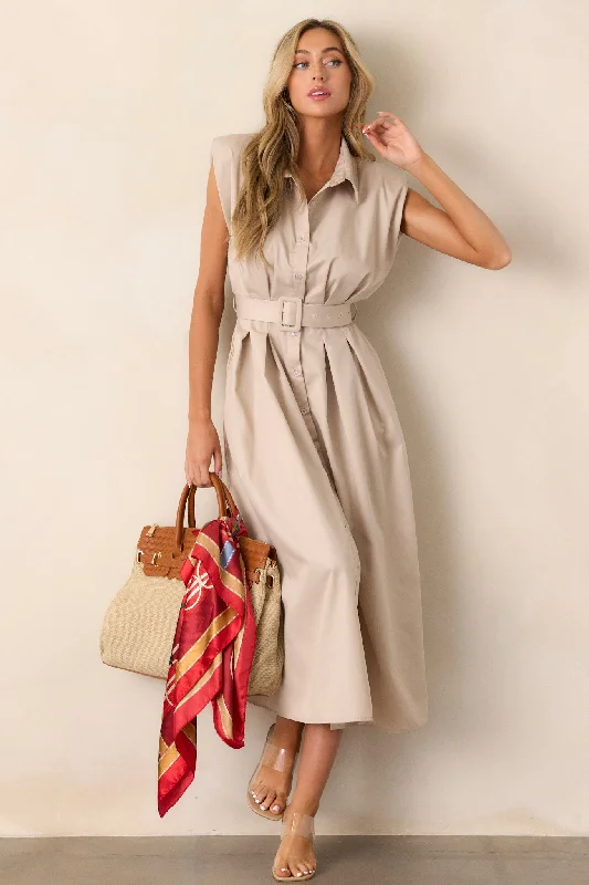 Days Go By Beige Belted Midi Dress Elegant Maxi-Midi Hybrid Dress