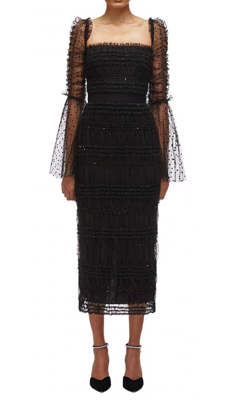 DOT MESH MIDI DRESS IN BLACK Stylish Pleated Skirt Midi Dress