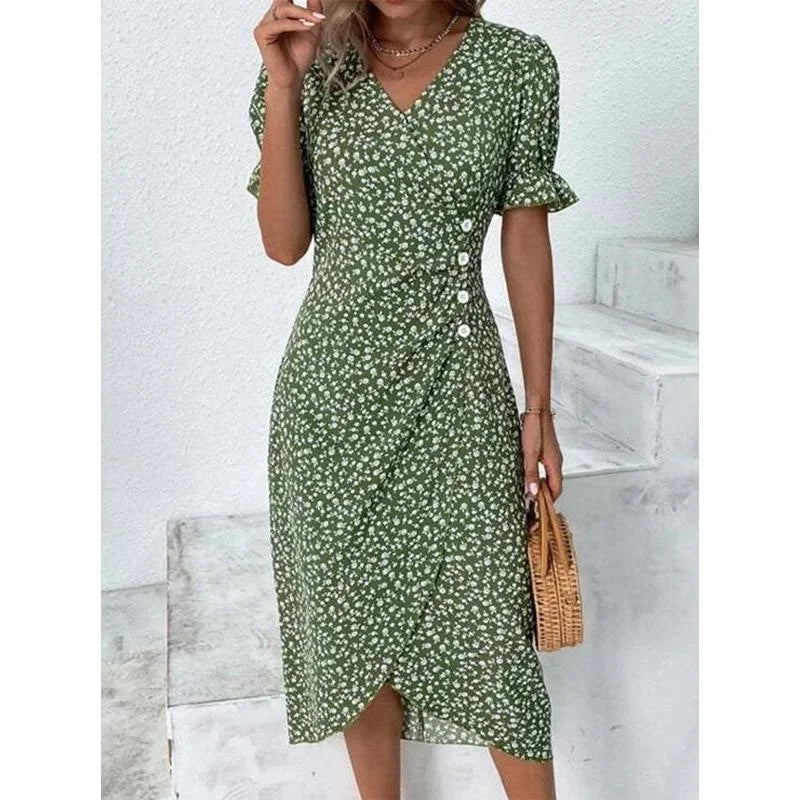 Elegant Floral Pleated H shaped Midi Dress Female V Neck Puff Sleeve Waist Ruched Button Dresses Women Summer Dress Robe Chic Floral Print Midi Dress