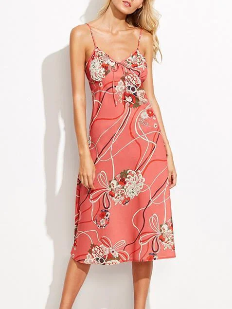 Elegant Spaghetti Neckline Floral Midi Dress Comfortable Ribbed Midi Dress