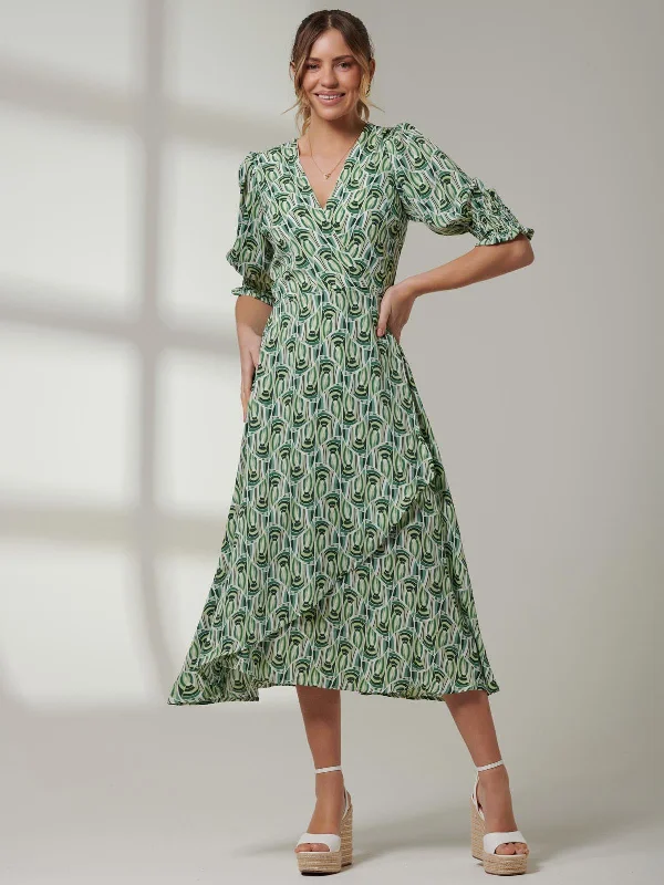 Ellie Crepe Wrap Puff Sleeve Midi Dress, Green Geo Cozy A-Line Midi Dress